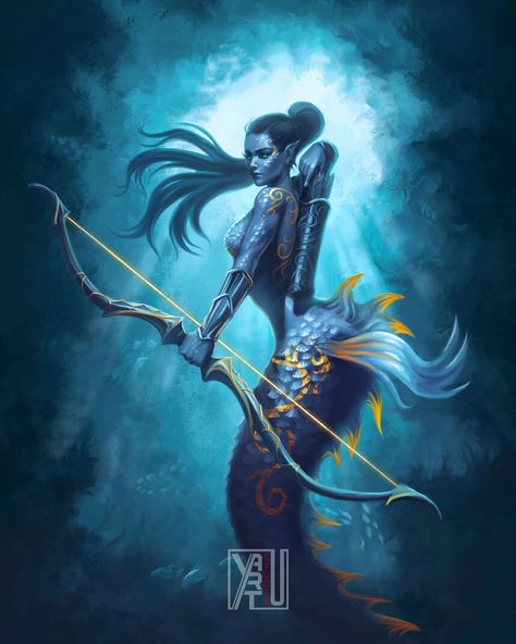 ArtStation - Archer Mermaid, Yasushi Matsuoka Pin Up Mermaid, Bright Colors Art, Mermaid Artwork, Bow And Arrow, Mermaid Art, A Mermaid, Visual Artist, Interesting Art, All Art