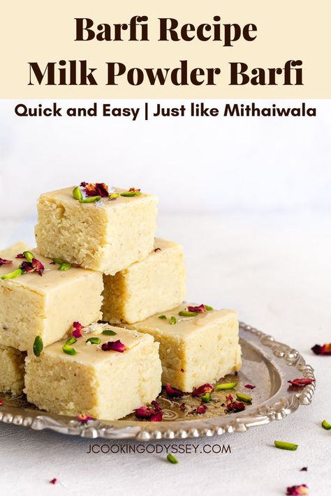 Plain milk powder barfi or barfi pieces garnished with nuts and rose petals Milk Barfi Recipe, Barfi Recipe, Sweet Milk, Milk Dessert, Gulab Jamun, Cardamom Powder, Indian Sweet, Clotted Cream, 2000 Calorie Diet