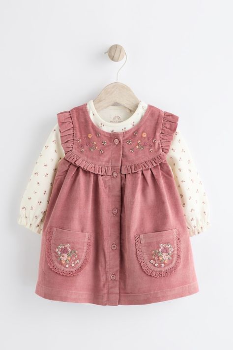 Pink Embroidered Baby Corduroy Pinafore Dress With Tights (0mths-2yrs) Newborn Girl Dresses, Corduroy Pinafore, Dress With Tights, Corduroy Pinafore Dress, Cotton Tights, School Project, Pinafore Dress, Baby Outfits