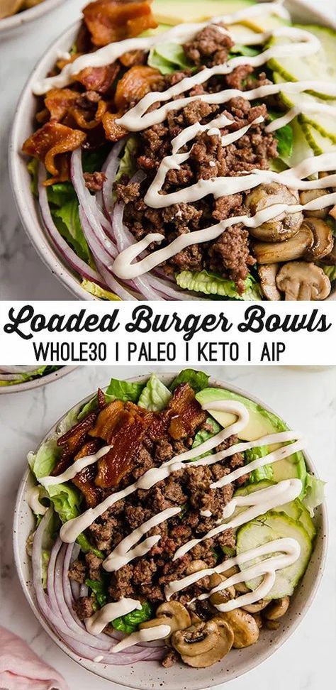 These loaded burger bowls have everything you love about burgers! These bowls are paleo, whole30, keto, and easy to make AIP. Aip Burger Recipes, Aip Diet Recipes Dinners, Aip Recipes Lunch, Aip Keto Recipes, Aip Burgers, Aip Bowls, Primal Kitchen Recipes, Aip Lunch Ideas, Aip Meal Prep