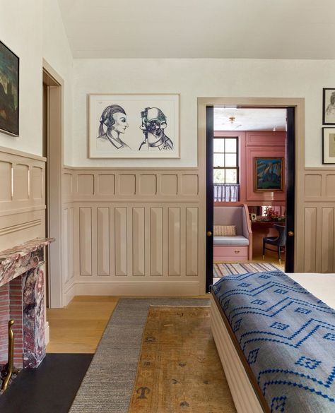 Historical Concepts | Architecture & Planning | The owner’s flat at the @thedowagerinn features prismatic wainscot paneling topped by hand-finished plaster walls and whimsical touches… | Instagram Paneling On Slanted Wall, Half Panel Wall, Painted Wall Paneling, Painted Wainscoting Ideas Color Schemes, Painted Wainscoting Ideas, Painted Beadboard Walls, Wainscoting Ideas Bedroom, Concepts Architecture, Loft Room Ideas