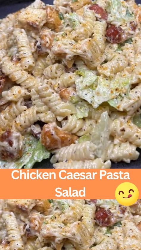 This Chicken Caesar Pasta Salad recipe is a perfect blend of flavors and textures, combining tender cooked chicken, crisp romaine lettuce, savory Parmesan cheese, and crunchy croutons, all tossed in a creamy Caesar dressing. It's a quick and easy dish that's ideal for lunch, dinner, or as a side for any occasion. With simple ingredients and straightforward instructions, this recipe is sure to become a favorite in your meal rotation. Caesar Salad With Noodles, Ceased Pasta Salad, Chicken Caesar Pasta Salad Recipes, Ceasar Salad Pasta Salad Recipes, Chicken Ceasar Salad Sandwich Recipe, Chicken Caesar Salad Pasta, Pasta Caesar Salad, Caesar Salad Pasta, Meals For Work