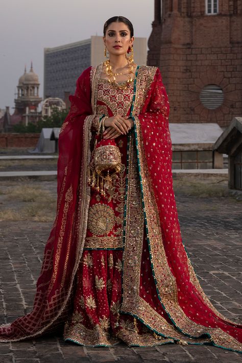 Gharara Bridal, Bridal Wear Pakistani, Silk Gharara, Red Sharara, Long Kameez, Bridal Sharara, Maharani Designer Boutique, Bridal Suit, Suits Punjabi