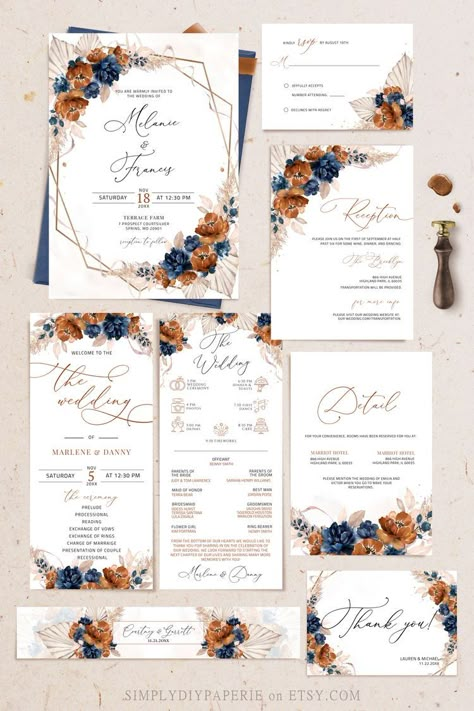 Rust And Dusty Blue Wedding Theme, Navy Blue And Light Orange Wedding, Blush Blue And Burnt Orange Wedding, 1 Page Wedding Invitation, Rustic And Blue Wedding, Rusty Orange And Navy Wedding, Teraccota And Blue, Navy Blue And Rust Wedding Invitations, Navy Blue And Terracotta Wedding Invitations