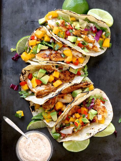 Mango Salsa For Fish, Mango Tacos, Mango Fish, Fish Tacos With Mango Salsa, Easy Fish Taco Recipe, Fish Tacos Tilapia, Fish Tacos With Cabbage, Healthy Fish Tacos, Tacos With Mango Salsa