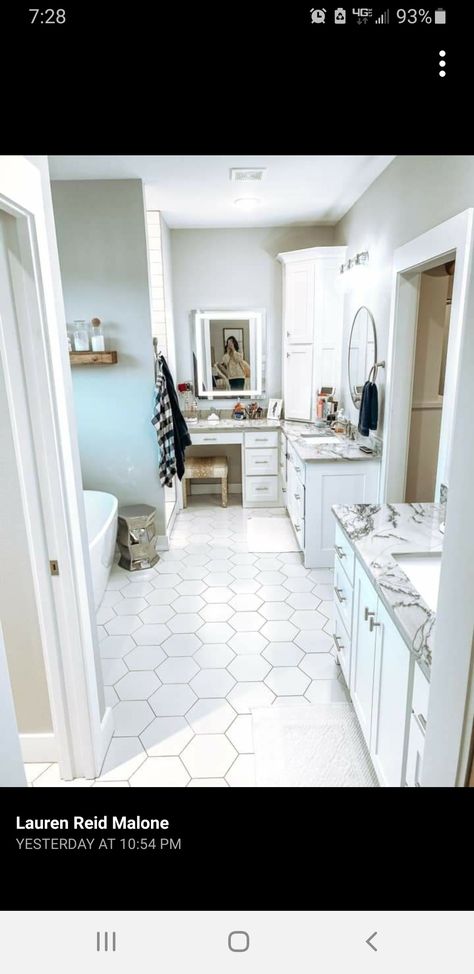 Door between bathroom vanities Bathroom Doors, Bathroom Layout, Deck The Halls, Bathroom Vanities, Master Bath, Kitchen Renovation, Alcove Bathtub, Tile Floor, Bathroom Vanity