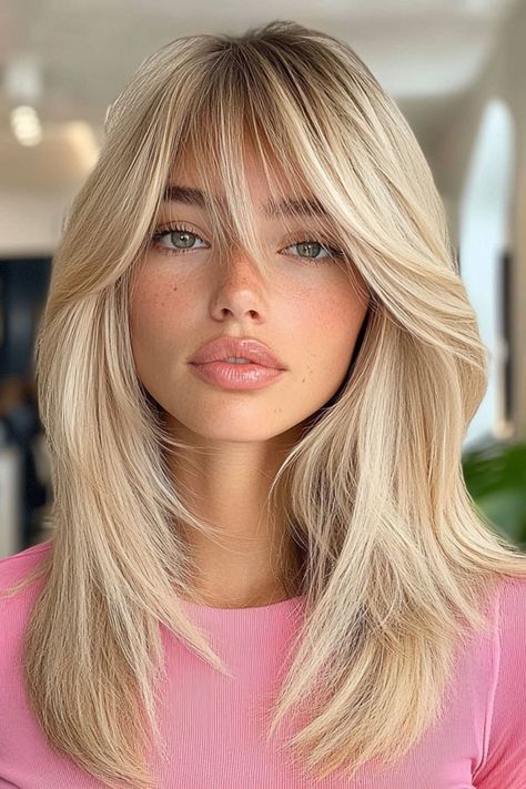 Medium Haircut Curtain Bangs Layers, Curtain Bangs With Brown Hair, Medium Short Blonde Hair With Curtain Bangs, Blond Layered Bob, Bangs With Brown Hair, Haircuts Women 2024, Blonde Haircuts With Bangs, Mid Length Hair With Layers And Bangs Round Faces, Blonde Long Bob With Bangs