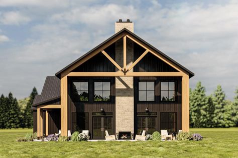 Barndo-Style House Plan with 2-Story Open Floor Plan and a 2-Car Side-Load Garage Massive Kitchen, Getaway Cabin, Covered Porches, Cathedral Ceilings, Barn Style House Plans, Garage Floor Plans, Barndominium Floor Plans, Backyard Sheds, Shop House Ideas