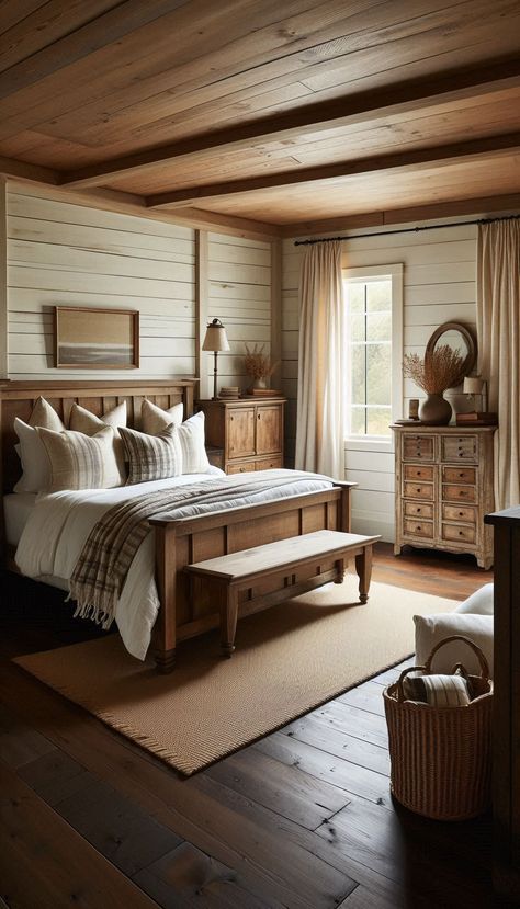 Farmhouse Shiplap Bedroom, Cabin Farmhouse Bedroom, Country Minimalist Bedroom, Knotty Pine Walls Bedroom, Bedrooms With Shiplap Walls, Shiplap House Interior Design, Farmer House Decor Ideas, Rustic Wood Walls Bedroom, Country Cabin Bedroom