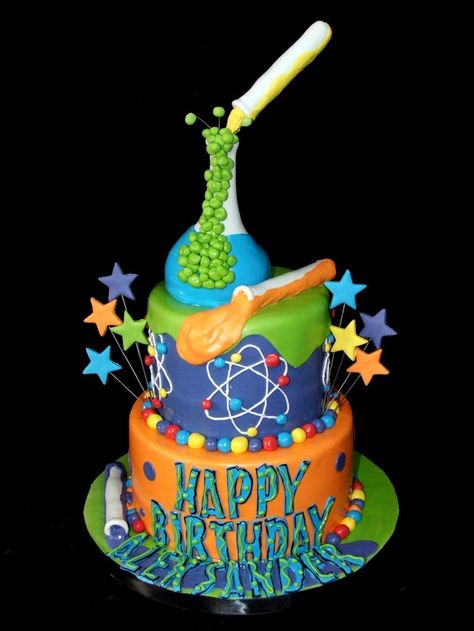 Science Birthday Cake Science Cake Very Cool I Love The Colors The Design Food Science Party Food, Chemistry Party, Mad Scientist Birthday Party, Science Party Ideas, Science Cake, Science Birthday Party Ideas, Science Themed Party, Scientist Birthday Party, Mad Scientist Birthday