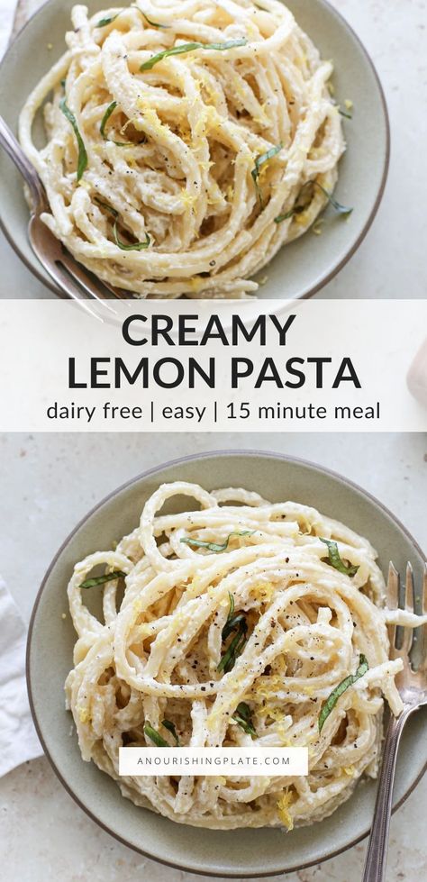 This creamy lemon pasta is an easy, 15-minute meal great for busy weeknights and something the whole family will love. This adaptable recipe is dairy-free with a gluten-free option. Pasta With Lemon Sauce, Creamy Lemon Pasta, Dairy Free Pasta Recipes, Dairy Free Recipes Easy, Lemon Chicken Pasta, Dairy Free Recipes Dinner, Dairy Free Pasta, Gluten Free Spaghetti, Healthy Budget