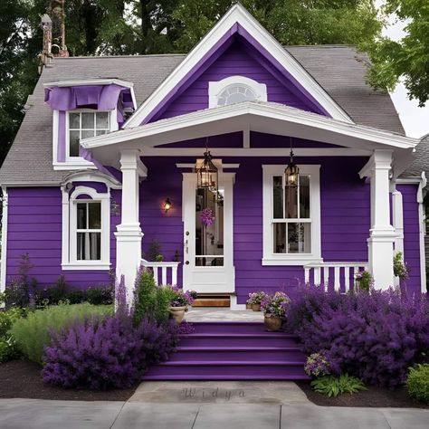 Purple House, Witch Cottage, Purple Bedroom, 2 Story Houses, Cottage In The Woods, Purple Home, Purple Love, White Trim, House Inspo