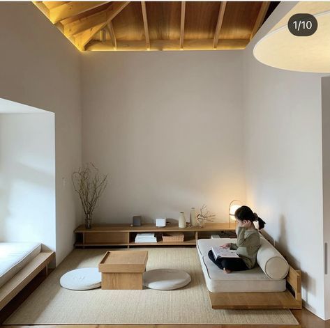 Minimal Zen Interior, Floor Sitting Living Room Japanese, Muji Coffee Table, Japanese Interior Apartment, Minimal Mens Apartment, Minimal Sitting Room, Wabi Sabi Living Room Apartment, Japanese Floor Couch, Cozy Floor Seating Nook