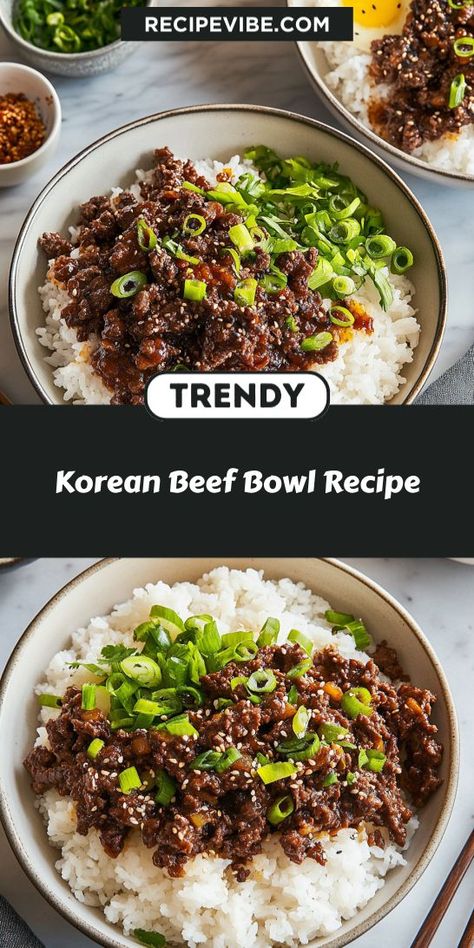 Want to spice up your dinner routine? This Korean Beef Bowl Recipe is packed with bold flavors and is super easy to make. You'll enjoy a tasty meal in under 30 minutes. Don’t forget to save this recipe for your next ground beef adventure! Korean Ground Pork Bowl, Sesame Soy Beef Bowls, Korean Beef Crockpot Recipes, Korea Beef Bowl, Sweet Ground Beef Recipes, Korean Style Ground Beef, Asian Ground Beef Bowl, Easy Korean Beef Bowl, Bugolgi Recipe Beef Bowl