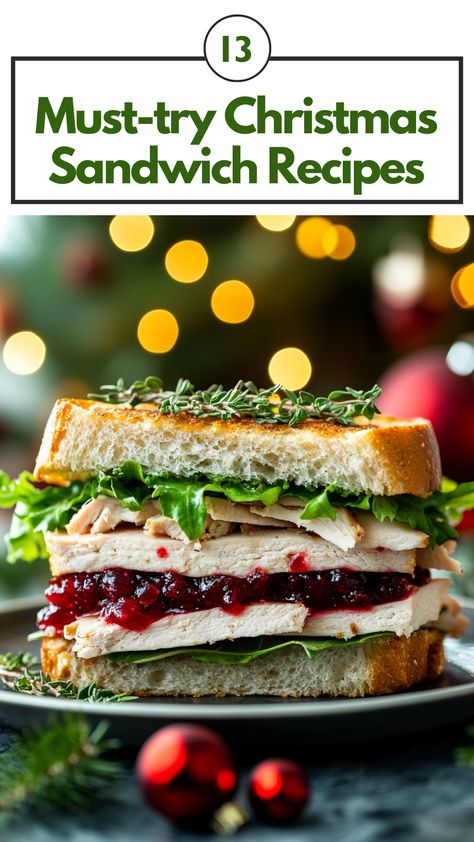 A beautifully presented Christmas sandwich with layers of turkey, cranberry sauce, and lettuce on artisan bread, served on a festive holiday plate with a sprinkle of herbs. Christmas Sandwhich Ideas, Holiday Sandwich Ideas, Winter Sandwich Ideas, Christmas Sandwich Ideas, Holiday Sandwiches, Ham And Cheese Melts, Brie Sandwich Recipes, Turkey Melts, Winter Sandwiches