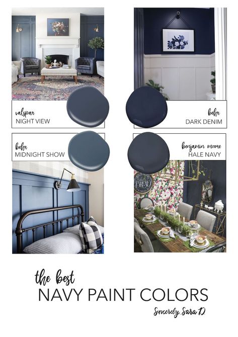 The Best Navy Paint Colors - I've tested out a lot of paint colors, and I'm sharing my top 4 favorite navy paint colors of all time! Behr Very Navy, Best Navy Paint Colors, Valspar Bedroom, Dark Blue Paint Color, Navy Paint Colors, Navy Blue Paint Colors, Valspar Paint Colors, Navy Blue Paint, Dark Blue Paint