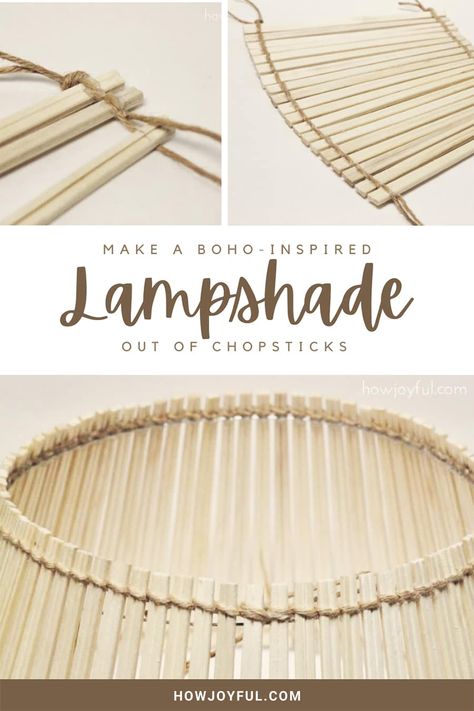 Make a super cute boho-inspired natural wood chopstick lampshade with a very small budget! Because recycling small materials is one of my passions, check how I transform some 99c store chopstick into a super cute lampshade! #lapshade #boholampshade #bohoinspired #chopsticklampshade Chopstick Crafts, Bamboo Wall Hanging, Lampshade Tutorial, Boho Lampshade, Chopsticks Crafts, Lampshade Diy, Make A Lampshade, Diy Lampshade, Jute Craft