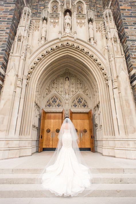 Mikkel Paige Photography photo of a wedding in Chapel Hill at Duke Chapel. Bride and groom with the gothic architecture. A portrait picture of the bride in front of the gothic church with her tulle veil. Church Wedding Photography, Weddings Shoes, Church Photos, Photography List, Wedding Alters, Fall Wedding Photos, Hope Photos, Hope Valley, Tulle Veil