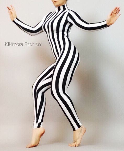 A personal favorite from my Etsy shop https://www.etsy.com/listing/269666311/stripe-catsuit-unitard-bodysuit-costume Burningman Fashion, White Catsuit, Couture Face Mask, Outfit Jumpsuit, Catsuit Costume, Circus Aesthetic, Dancer Costume, Bodysuit Costume, Exotic Dance