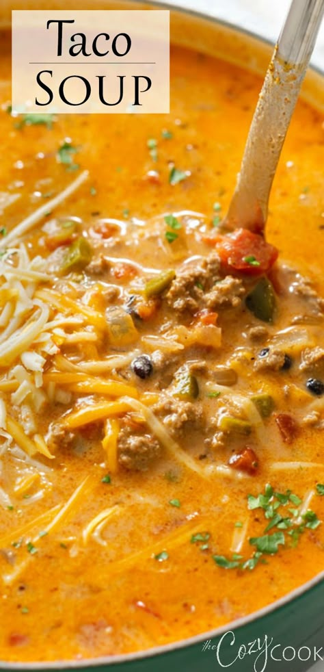 Cheesy Taco Soup, Best Taco Soup, Sauce Cheddar, Mexican Soup Recipes, Taco Soup Recipe, Mexican Soup, Chili Soup, Recipes Delicious, Monterey Jack