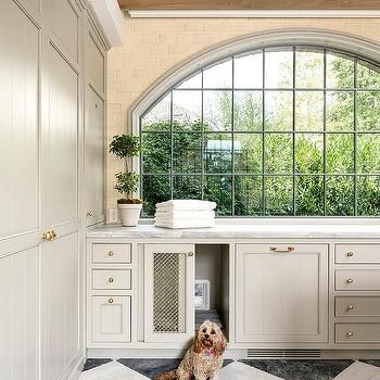 Built In Dog Bed Design Ideas Dog Bed In Cabinet, Gray Herringbone Floor, Built In Dog Bed, Mudroom Cabinetry, Dog Cabinet, Flat Front Cabinets, White Upper Cabinets, Inset Cabinetry, Light Gray Cabinets