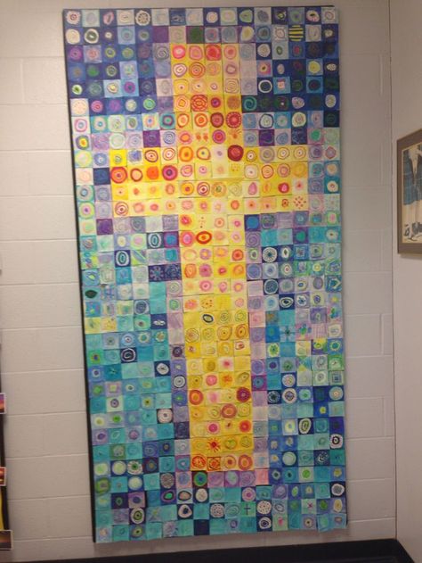 Group Art Project Elementary | Cross mural. Preschool-8th grades made "tiles" on paper squares using ... Collaborative School Art Projects, Class Mural Ideas, Collaborative Canvas Art, Mural Preschool, Hallway Mural, Collaborative Art Projects For Kids, School Auction Projects, Art Auction Projects, Collaborative Mural