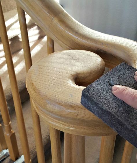 How to Refinish a Wood Banister Banister Update, Update Stairs, Refinish Staircase, Refinish Stairs, Wood Banister, Oak Banister, Stair Railing Makeover, Diy Staircase Makeover, Diy Stair Railing