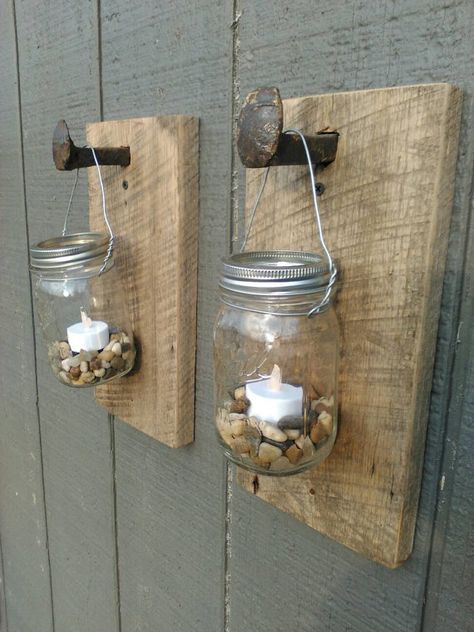 Mason Jar Railroad Spike barn wood lanterns by Ironwoodcustoms Hockey Basket, Railroad Spikes Crafts, Barn Board Projects, Railroad Spike Art, Pallet Craft, Wood Lanterns, Train Crafts, Blacksmith Forge, Woodwork Projects