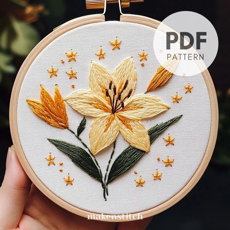 Yellow Lily and Stars Hand Embroidery Pattern, Lily Blossom Embroidery Design, Lily Flower Embroidery Pattern, Floral Hand Embroidery PDF Lily Flower Embroidery, Lily Embroidery, Embroidery Lily, Sunrise Embroidery, Embroidered Lily, Water Lily Embroidery Pattern, Lily Embroidery Pattern, Yellow Embroidery Flower, Twinkle Star