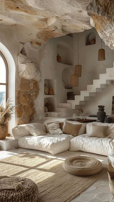 Mud House Interior, Wabi Sabi Modern Interior, Wabi Sabi House, Cave Houses, House Renovation Projects, Earthy Home, Mud House, Cob House, Interior Stairs