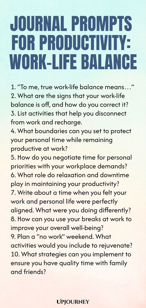 Discover a collection of thought-provoking journal prompts designed to enhance productivity and cultivate a healthy work-life balance. These prompts will guide you to reflect, set goals, and prioritize tasks effectively. Take the first step towards creating a harmonious routine that aligns with your personal and professional aspirations. Embrace self-discovery and growth through introspection with these empowering journal prompts for optimal productivity. Incorporate these prompts into your dail New Job Journal Prompts, Journaling Routine, Work Etiquette, Psychology Terms, Relationship Quizzes, Themed Journal, Journal Questions, Happiness Journal, Prompts Ideas