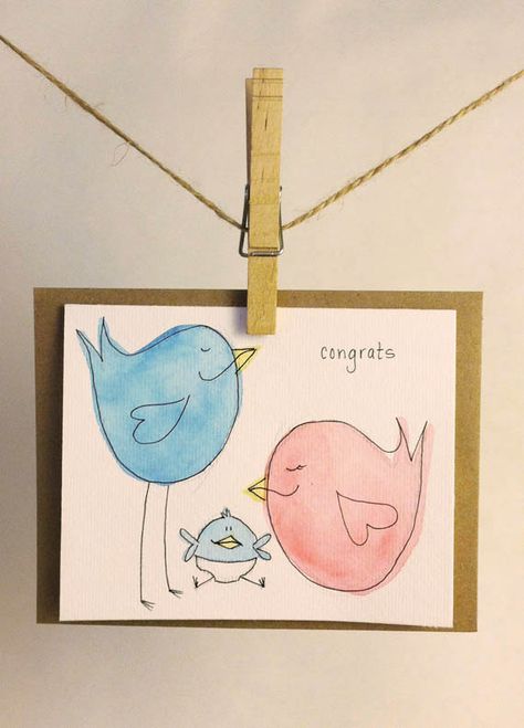 Handmade Congrats on your New Baby Girl or Boy by rewersdesigns, $5.00 Diy Watercolor Cards, Painted Cards, Baby Cards Handmade, Baby Boy Cards, Baby Boy Announcement, Watercolor Birds, Birth Cards, Watercolor Baby Shower, Boy Cards