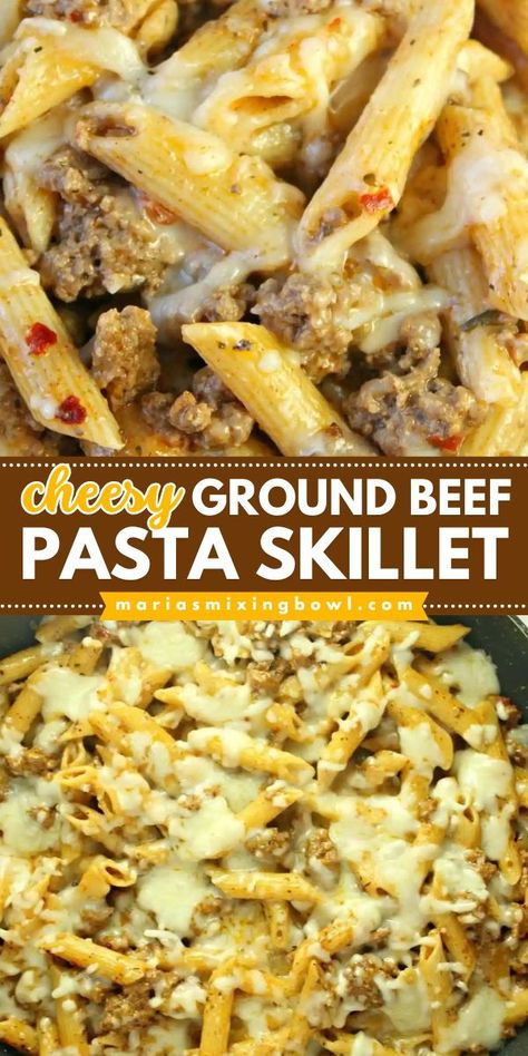 This Cheesy Ground Beef Pasta Skillet is the ultimate comfort food. Seasoned ground beef, mozzarella cheese, and a zesty tomato sauce with just a little heat come together to create a filling dish that will leave everyone full and happy. Ground Beef Mozzarella Recipes, Pasta Dishes With Ground Beef, Leftover Ground Beef Recipes, Pasta With Hamburger, Ground Beef Mozzarella, Ground Beef Pasta Skillet, Cheesy Ground Beef Pasta, Pasta With Ground Beef, Easy Dinner Recipes For Beginners