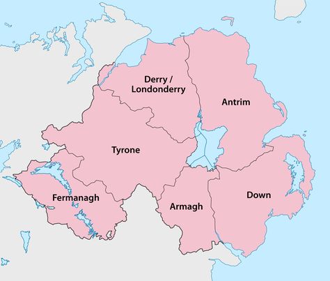 Counties of Northern Ireland - In Northern Ireland, counties are no longer used for local government; districts are instead used. Upon the partition of Ireland in 1921, the county became one of the basic land divisions employed, along with county boroughs. Wikipedia Northern Ireland Map, Antrim Ireland, Birthday Getaway, English Surnames, Rope Bridge, Southern Ireland, Ireland Map, Armagh, Love Ireland