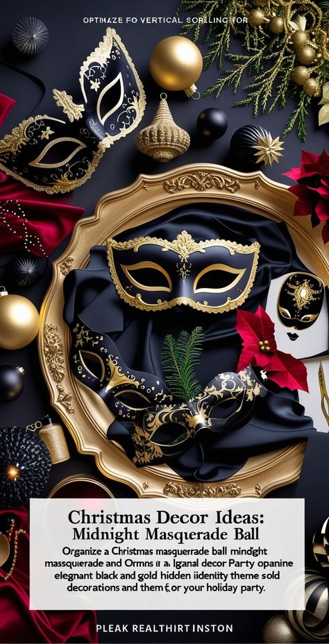 Organize a Christmas masquerade ball with elegant masks, opulent black and gold decorations, and a hidden identity theme for your holiday party. #MidnightMasquerade #MasqueradeBall #MysteryDecor Masquerade Party Decorations Theme, Black And Gold Decorations, Christmas Masquerade Party, Masquerade Gala, Light Up Presents, Christmas Masquerade, Masquerade Party Decorations, Masquerade Prom, White Tinsel