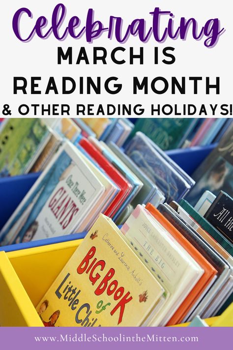 This blog post shares fun & easy ideas for National Reading Month and other reading holidays! Includes ideas for reading-themed spirit days, book talks, recommendations, book swaps, and more! Also includes a list of reading holidays throughout the year! This post is perfect for reading committees, reading or ELA teachers, librarians, home school, or school-wide reading celebrations! Reading Month Ideas, Reading Week Ideas, National Book Day, March Is Reading Month, March Reading Month, National Grammar Day, National Reading Month, Reading Contest, March Reading