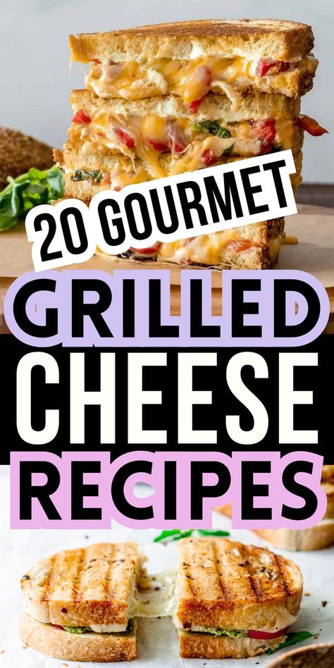 These gourmet grilled cheese recipes are INCREDIBLE!! These must-try grilled cheese sandwiches go way beyond just bread and cheese!! Includes flavors like pizza grilled cheese, taco, pesto, and more. Includes both sweet and savory grilled cheese ideas! Gourmet Grilled Cheese Recipes, Grilled Cheese Ideas, Yummy Grilled Cheese, Grilled Cheese Recipes Gourmet, Homemade Grilled Cheese, Gourmet Grilled Cheese Sandwich, Cheese Ideas, Fancy Grilled Cheese, Cheese Taco