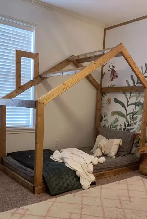 How to Make a DIY House Bed Frame Inspired by Montessori | Hometalk Diy House Bed Frame, Diy Floor Bed Frame, Diy Toddler Bed On Floor, Full Bed Frame Diy, Diy Toddler Floor Bed, Diy Floor Bed, Toddler Floor Bed Frame, Diy House Bed, Diy Kids Bed