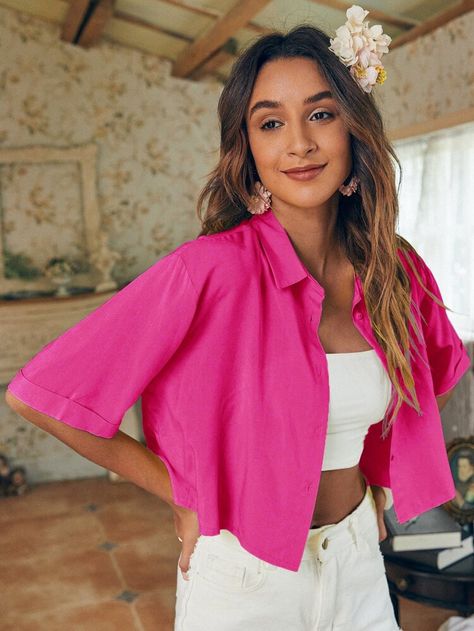 Cropped Button Up Shirt Outfit, Cropped Button Up Shirt, Butterfly Sleeve Top, Elegante Casual, Purple Shirt, Crop Top Outfits, Women Blouses, Purple Top, Crop Blouse