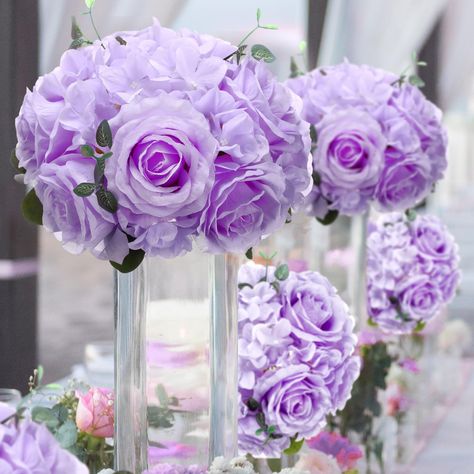 PRICES MAY VARY. Quality Material: the purple flower ball is made from silk, and each flower yields a texture and appearance that closely mirrors those of real flowers; These flower balls add a touch of elegance to your decorations Package Includes: each package includes 2 pcs flower ball arrangement bouquets; Enough quantity ensures flower balls can scatter across different points of your venue; These flower balls offer value and enhance the visual appeal of your setting Ample Size: our flower Lavender 70th Birthday Decorations, Lilac Flower Wedding Decorations, Wedding Decor Purple And White, Lavender Wedding Reception Decorations, Purple And Silver Table Decorations, Purple Gold Centerpieces, Quince Decorations Centerpieces, Purple Sweet 16 Decorations Ideas, Shades Of Purple Birthday Party