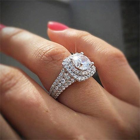 PRICES MAY VARY. 🌻 ：100% brand new imported high quality materials. 💎 ：18k gold plating process. Top quality AAA cubic zirconia stone. 🌟 ：Shiny gems, Exudes a romantic atmosphere.No woman can stop its charm . 💖 ：This ring is a beautiful and elegant cocktail ring, a perfect anniversary gift, wedding gift, mother's day gift, birthday gift, holiday gift or gift, I love you! 👍 SERVICE：If you have any questions, please contact us, we will reply you within 24 hours, we are honored to be able to p White Diamond Jewelry, Luxury Wedding Rings, Square Diamond Rings, Double Halo Engagement Ring, Double Halo Engagement, White Gold Diamond Rings, Halo Diamond Ring, Classic Ring, Gold Diamond Rings