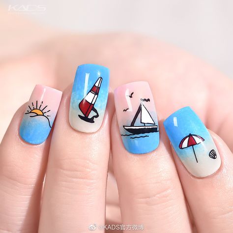 Boat Nails Designs, Thailand Nails Designs, Male Polish, Nail Art Creative, Boring Nails, Nail Summer, Cruise Nails, Beach Nail Art, Minimal Nails Art