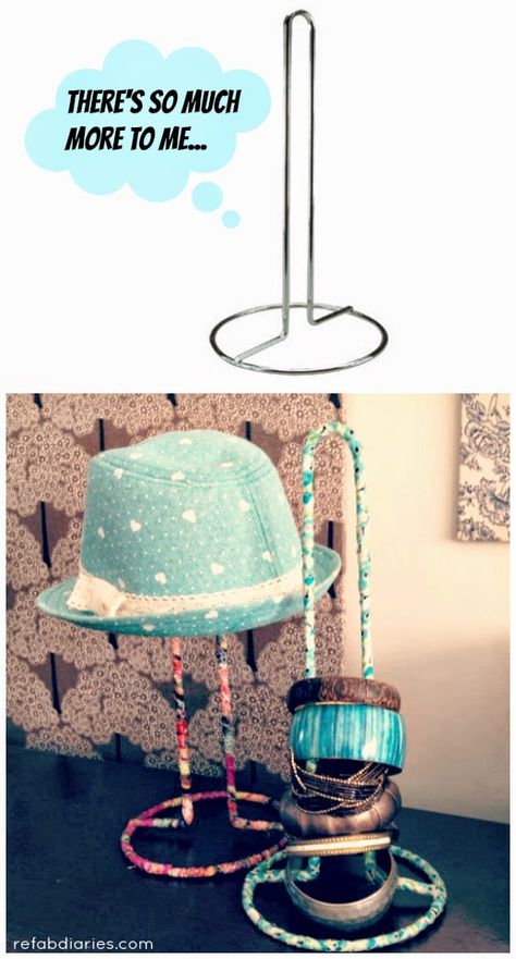 ReFab Diaries: Repurpose: From paper towel holder to hat stand! Diy Hat Stand, Diy Hat Display, Paper Towel Crafts, 15 Jewelry, Jewerly Organizer, Decoration Vitrine, Diary Diy, Upcycle Repurpose, Craft Booth Displays