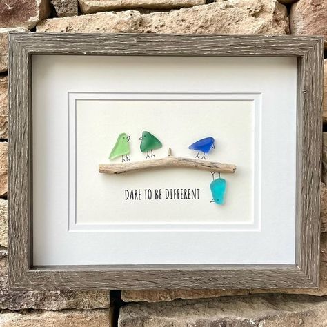 Joy Leaman on Instagram: "Dare to be different — sea glass birds . . . . . #seaglassart #beach #beachart #beachartwork #seaglass #seaglassaddict #birds #coastaldecor #coastal #beachdecor #daretobedifferent #inspirationalquotes #inspirational" Sea Glass Birds, Sea Glass Artwork, Sea Glass Gifts, Sea Glass Art Diy, Sea Glass Mosaic, Beach Inspired Decor, Seaglass Art, Beach Glass Crafts, Glass Art Pictures