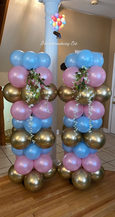 Pink Blue Gender Reveal Decor, Gender Reveal Balloon Garland Ideas, Gender Reveal Balloon Columns, Gender Reveal Balloon Decor, Blue Balloon Columns, Gender Reveal Balloon Ideas, Gender Reveal Centerpiece Ideas, Gender Reveal Centerpieces, Reveal Nails