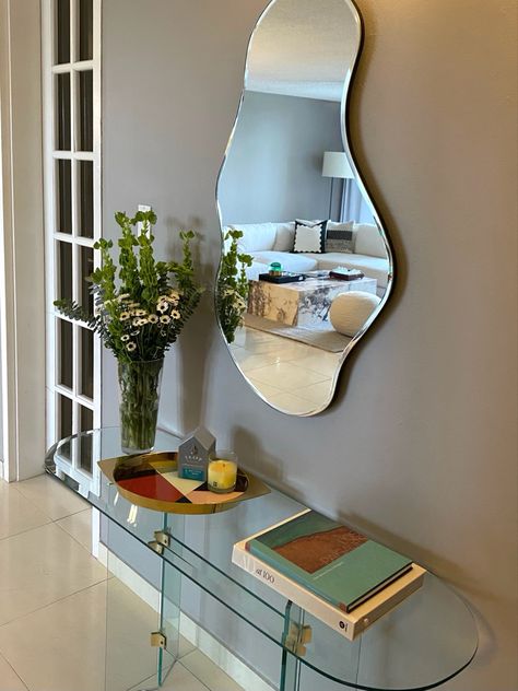 Assymetric Mirror Wall, Unsymmetrical Mirror, Asymmetrical Mirror Wall, Assymetrical Mirror, Ferm Living Pond Mirror, Organic Mirror, Pond Mirror, Books And Plants, Minimalist Mirrors