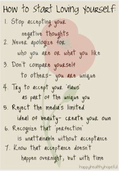 How to start loving yourself: Stop accepting your negative thoughts. Never apologize for who you are. Don't compare yourself to others... you are unique. Accept your "flaws" as part of the unique you. Start Loving Yourself, Loving Yourself, Learning To Love Yourself, Comparing Yourself To Others, Love Yourself First, Love Yourself Quotes, Self Compassion, Self Care Activities, Learn To Love