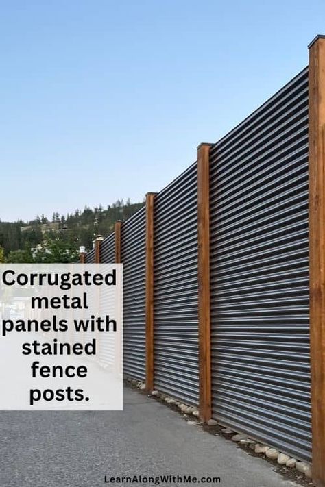 Backyard Fences Diy Cheap, Sheet Metal Fence Ideas, Best Privacy Fence, Sheet Metal Fence, Good Neighbor Fence, Privacy Fence Ideas, House Fence, Fence Stain, Privacy Trees