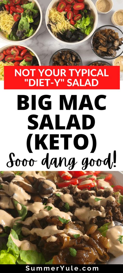 This keto Big Mac salad bowl is a filling meal with under 10 grams net carbs per serving! Feed your fastfood burger craving the low carb way! High Protein Big Mac Bowl, Keto Big Mac Salad, Copycat Salad, Big Salad Bowl, Healthy Mcdonalds, Cheeseburger Salad Recipe, Keto Big Mac, Salad Bowl Recipes, Fast Food Burger