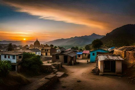 a village at sunset in india. AI-Generated Old Village, Village Photos, Indian Village, Ram Photos, Shree Ram, Tree Saw, Village Life, Cityscape Photos, Nature Backgrounds